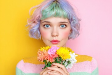 Fototapeta premium Vibrant Fashion Portrait with Colorful Flowers