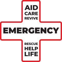 A red-bordered medical cross graphic with words like 