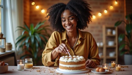 Young Black woman happily decorating a cake at home with warm lighting  