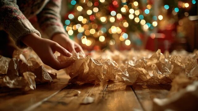 Close-Up of Hands Crumpling Paper on Festive Floor Surrounded by Colorful Christmas Lights and Decor in a Cozy Living Room Setting