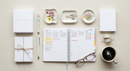 Top view of a minimalist workspace with an open weekly planner, stationery, and coffee for organizing schedules and boosting productivity