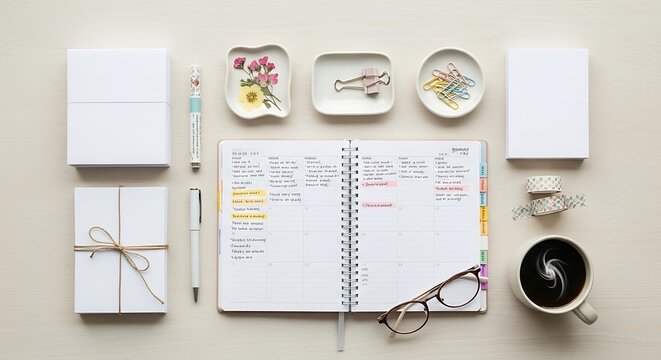 Top view of a minimalist workspace with an open weekly planner, stationery, and coffee for organizing schedules and boosting productivity - Powered by Adobe