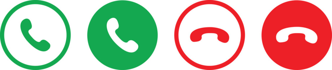 Phone call buttons icon set. Accept call and decline handset button collection. Phone dial symbols isolated on transparent background. Vector illustration.