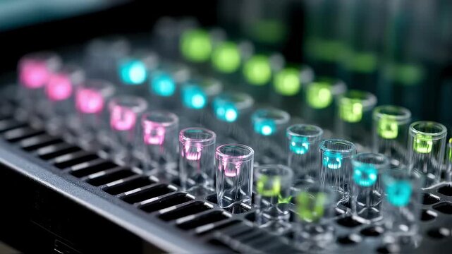 Focused view of a medium shot plate used for RNA editing assays central well illuminated with clear molecular reactions outoffocus adjacent wells creating depth in gene therapy