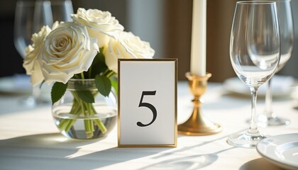 Elegant table setting with white roses and number five card  