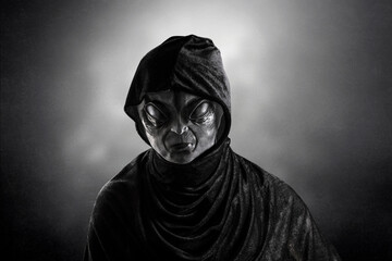 Mysterious humanoid alien at night over dark misty background