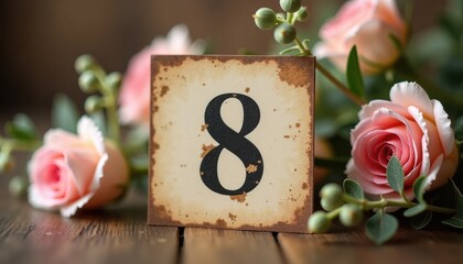 Vintage table number eight surrounded by pink roses and greenery  