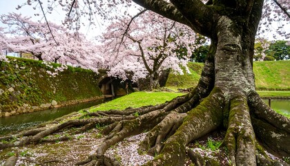 Cherry blossoms over a moat