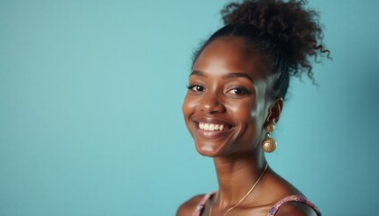 Smiling black woman with curly hair posing against blue background  