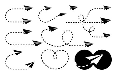 Collection of Black Paper Airplanes with Dotted Flight Paths