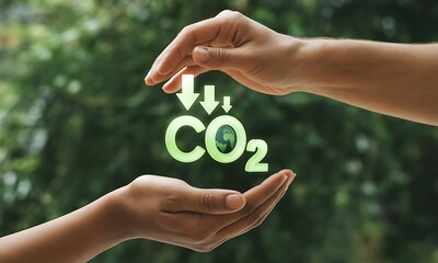 Hands protecting CO2 reduction icon with earth symbol, ideal for promoting sustainability, carbon footprint awareness, and environmental protection initiatives