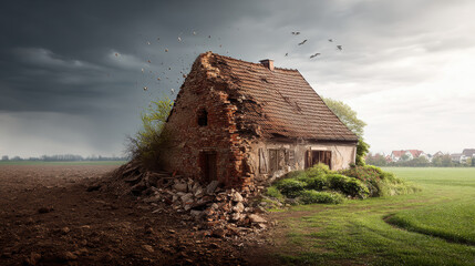 Weathered house split roof crumbling brick abandoned cottage rural field storm sky dramatic light decay duality contrast