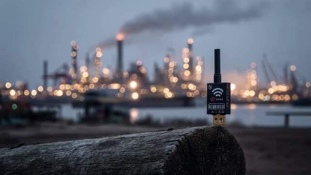 Medium shot emphasizing the connection port of an IoT module plugged into a SCADA system port connectors clearly visible with industrial backdrop blurred.