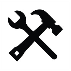 Black silhouette of a wrench and hammer crossed on a white background