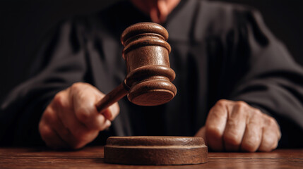 Courtroom justice event legal setting image of judge and gavel dramatic lighting