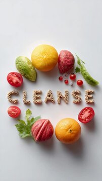 Vibrant fruits and vegetables encircle the word cleanse, spelled out with seeds, creating a visual representation of healthy detoxification on a white background