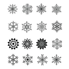 snowflakes christmas set collection pack bundle black shape icon silhouette vector flat illustration design on white background