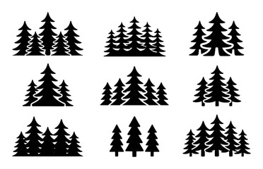 Obraz premium Collection of Black Silhouette Christmas Tree Clusters on White Background