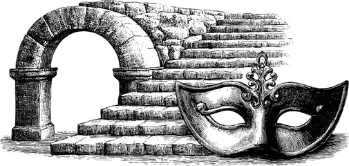 Vintage amphitheater engraving with stone archway and theater mask design for cards and posters