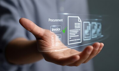 Digital procurement invoice interface with holographic documents hovering above hand, ideal for illustrating modern finance management and electronic billing solutions