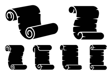 Collection of Black Silhouette Scroll Icons on White Background