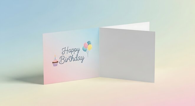 Colorful birthday greeting card mockup with a blank interior for a personalized message, featuring festive cupcake and balloon illustrations
