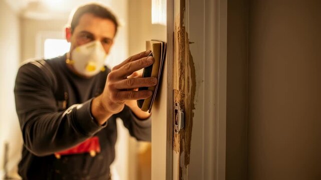 Carpenter sanding repaired door jamb filler and plate area after rotted wood removal preparing for painting.