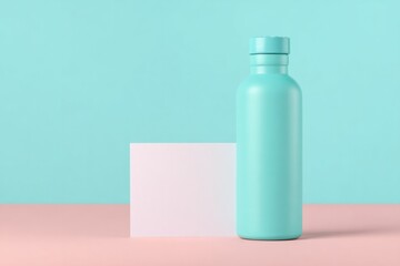 Minimalistic design showcases turquoise bottle beside blank card