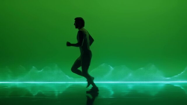 Highcontrast thermal silhouette of a person running on a heat map track showcasing fluctuating heat spots and energy output in a green screen studio setup.
