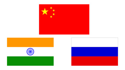 China India Russia Meeting as diplomatic flag symbols for trade partnerships and geopolitical cooperation as a summit meeting  big countries 