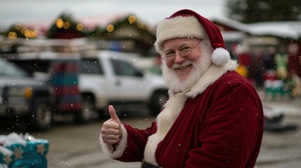 Smiling Santa Claus Giving a Thumbs Up at an Outdoor Winter Holiday Event