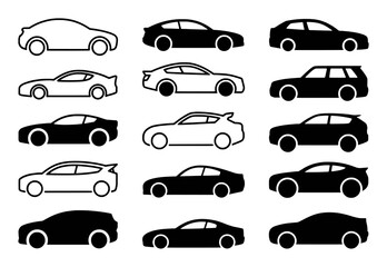 Collection of car icons in black and white outlines and silhouettes
