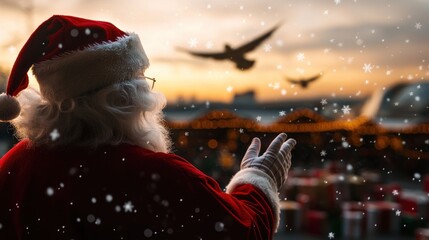 Santa Claus Waving Goodbye as Birds Fly Over City at Sunset