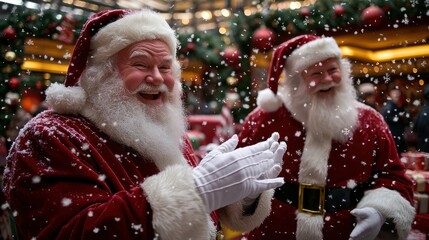 Two jolly Santa Clauses laughing and clapping amidst falling snow, celebrating the festive spirit of the holiday season with joy and cheer