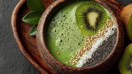 Rustic composition of green smoothie bowl with fresh ingredients