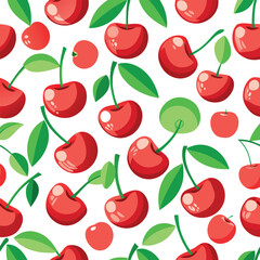 Vector vector art of seamless pattern of ripe red cherries with green leaves transparent background