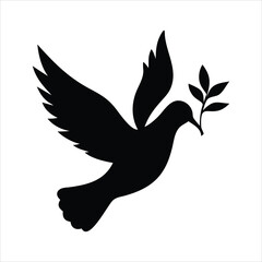 Black silhouette of a dove bird holding a green olive branch in its beak