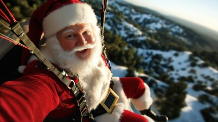 Jolly Santa Claus takes a thrilling selfie while paragliding high above a stunning snow-covered mountain landscape, bringing modern holiday cheer and adventure