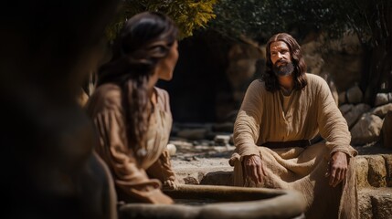 Fototapeta premium Jesus sits by a stone well at midday, speaking to a woman with warmth and insight, embodying compassion, revelation, and the transformative power of faith.