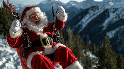 Joyful Santa Claus enjoying an exhilarating winter adventure, soaring through majestic snow-covered mountains with a bright smile during the festive season