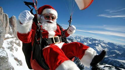 Santa Claus paragliding in the sky with snowy mountains in the background