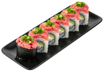 Appetizing sushi rolls, arranged artfully on a dark plate, showcasing vibrant colors and fresh ingredients.
