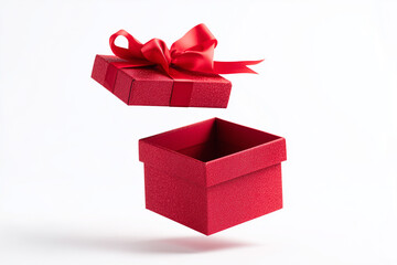Open Red Gift Box with Ribbon on White Background