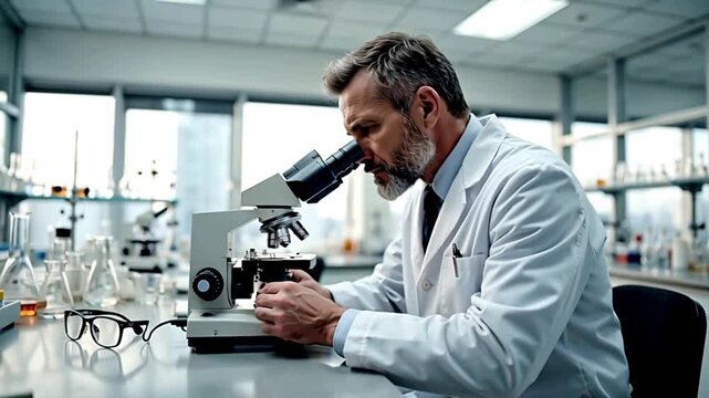 Mature male scientist working with a microscope in a modern laboratory
