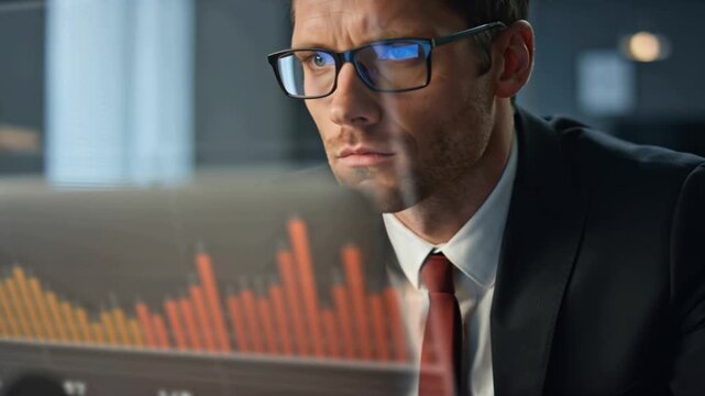 Focused businessman analyzing financial charts displayed on a transparent digital screen in a dark office