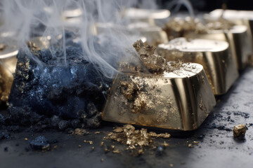 Gold and midnight blue mechanical keyboard keycap with molten metal residue and rising smoke, dramatic commercial product poster with bold energetic cool tone