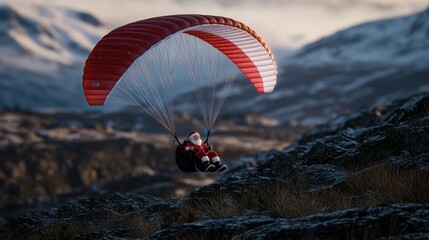 Santa Claus paragliding over a snow-dusted mountain range, bringing a unique and adventurous spirit to the festive season, combining winter sport with holiday cheer
