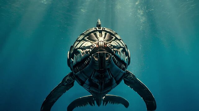 Metallic whale swimming underwater, illuminated by sunbeams