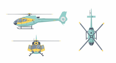Helicopter Illustration Set: Side, Front, and Top Views on White Background