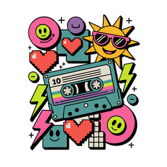 Retro 80s 90s pop culture collage featuring a cassette tape pixelated hearts smiley faces sun and lightning bolts isolated on transparent background
